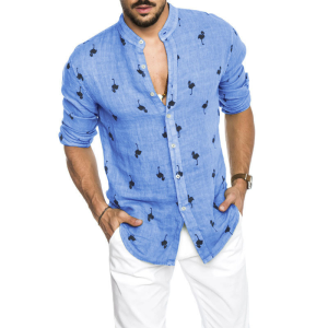 Men’s linen long sleeve flamingos print shirt