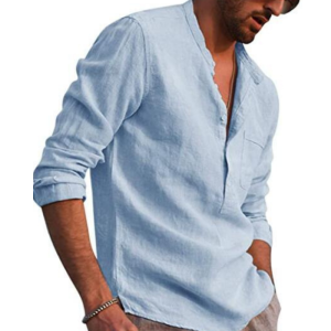 S41 Long Sleeve V Neck Casual Beach Linen Shirt