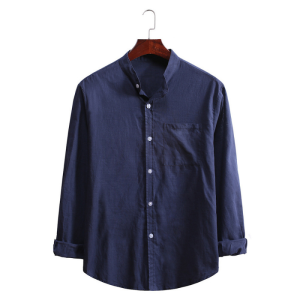 Men’s Standing Collar Cotton Linen Long Sleeve Shirt