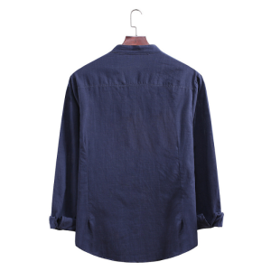 Men’s Standing Collar Cotton Linen Long Sleeve Shirt