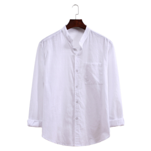 Men’s Standing Collar Cotton Linen Long Sleeve Shirt