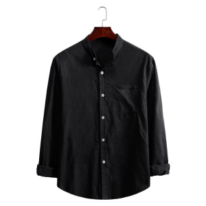 Men’s Standing Collar Cotton Linen Long Sleeve Shirt