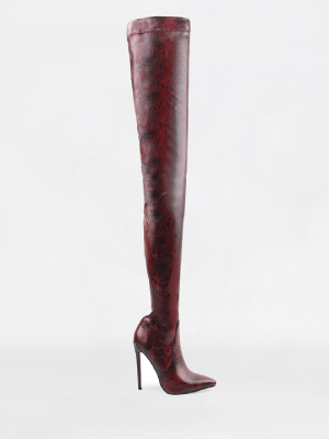 Red Python Lycra Stiletto Thigh High Boots