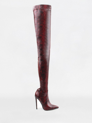 Red Python Lycra Stiletto Thigh High Boots
