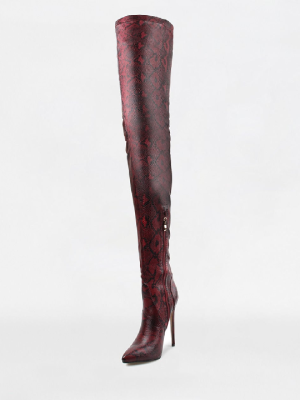 Red Python Lycra Stiletto Thigh High Boots