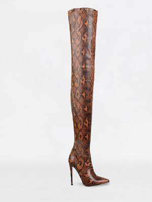 Camel Python Lycra Stiletto Thigh High Boots