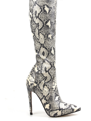 Black & White Snake Stiletto Thigh High Boots