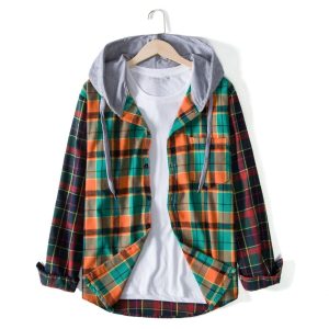 Checkered spliced casual long sleeve outer shirt with hood