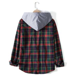Checkered spliced casual long sleeve outer shirt with hood
