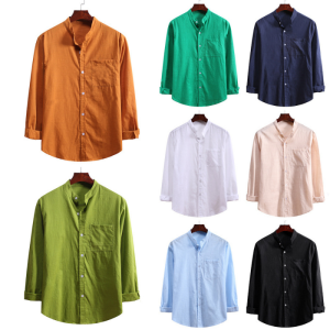 Men’s Standing Collar Cotton Linen Long Sleeve Shirt