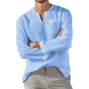 Long Sleeve V Collar Leisure Beach Linen Shirt