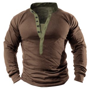 Men’s Retro Outdoor Henley Button Collar Tactical T-shirt