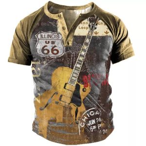 S214 Men’s Vintage Outdoor Print Henley T-Shirt