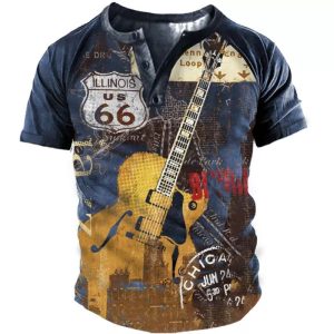S214 Men’s Vintage Outdoor Print Henley T-Shirt