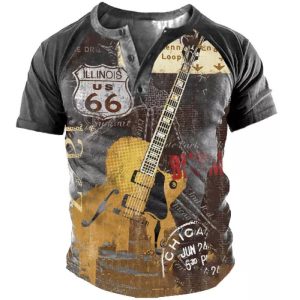 S214 Men’s Vintage Outdoor Print Henley T-Shirt
