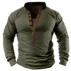 Men’s Retro Outdoor Henley Button Collar Tactical T-shirt