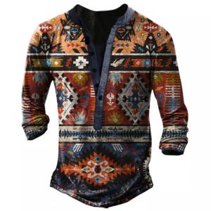 Western Ethnic Pattern Henley Collar T-shirt