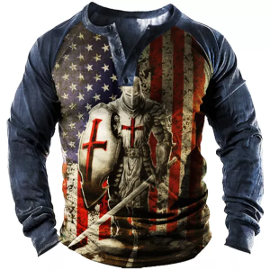 American Knight Cross Print Henley Men’s T-Shirt