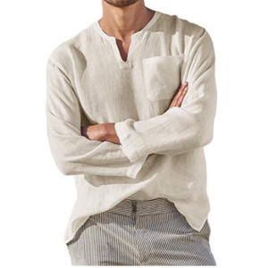 Long Sleeve V Collar Leisure Beach Linen Shirt