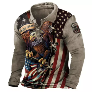 Men’s Route 66 American Eagle Print Long Sleeve Polo Shirt