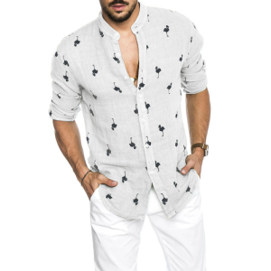 Men’s linen long sleeve flamingos print shirt