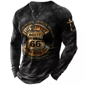 Men’s Vintage Route 66 Print Henley Collar T-Shirt