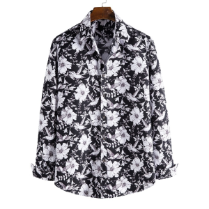 S156 White floral print on black long sleeve shirt