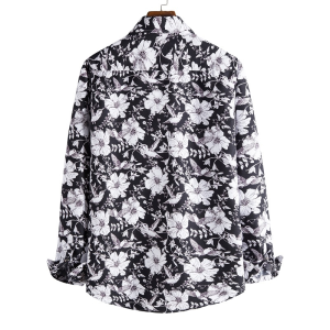 S156 White floral print on black long sleeve shirt