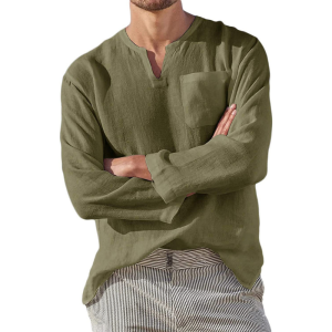 Long Sleeve V Collar Leisure Beach Linen Shirt