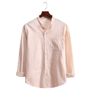 Men’s Standing Collar Cotton Linen Long Sleeve Shirt