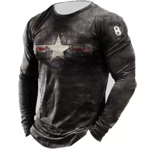 Men’s Retro American Stars Print Long Sleeve Sports T-Shirt