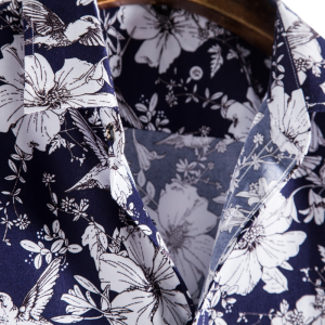 S156 White floral print on black long sleeve shirt