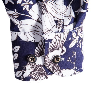 S156 White floral print on black long sleeve shirt