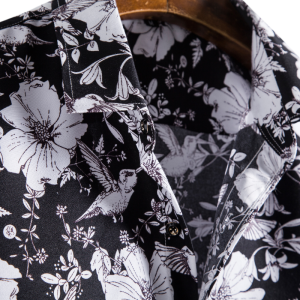 S156 White floral print on black long sleeve shirt