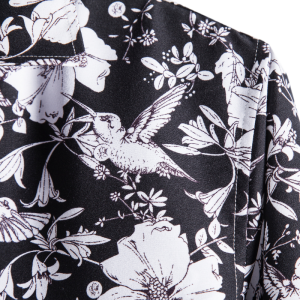 S156 White floral print on black long sleeve shirt