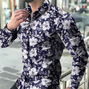 S156 White floral print on black long sleeve shirt