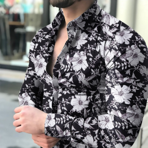 S156 White floral print on black long sleeve shirt