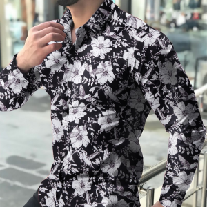 S156 White floral print on black long sleeve shirt