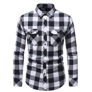 Casual frosted plaid dual-pocket long sleeve shirt