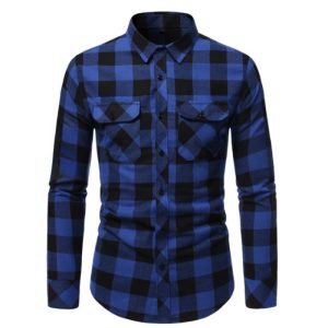 Casual frosted plaid dual-pocket long sleeve shirt