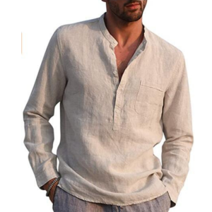 S41 Long Sleeve V Neck Casual Beach Linen Shirt