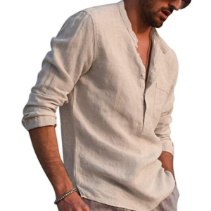 S41 Long Sleeve V Neck Casual Beach Linen Shirt