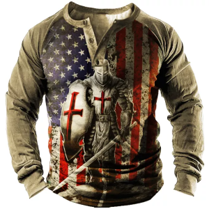 American Knight Cross Print Henley Men’s T-Shirt